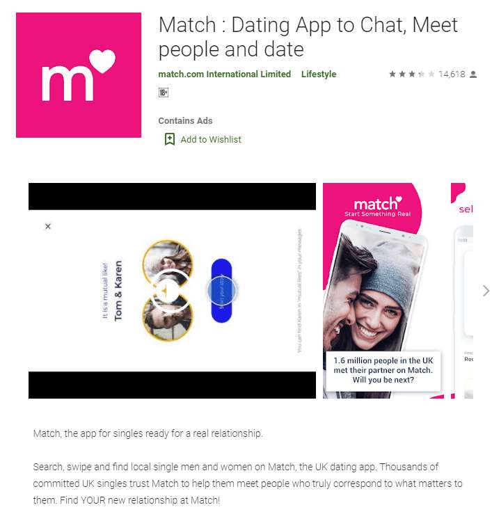 match.com app rating by google play