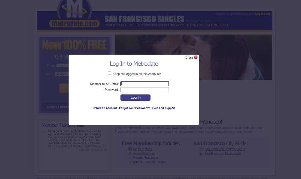 Metrodate log in page