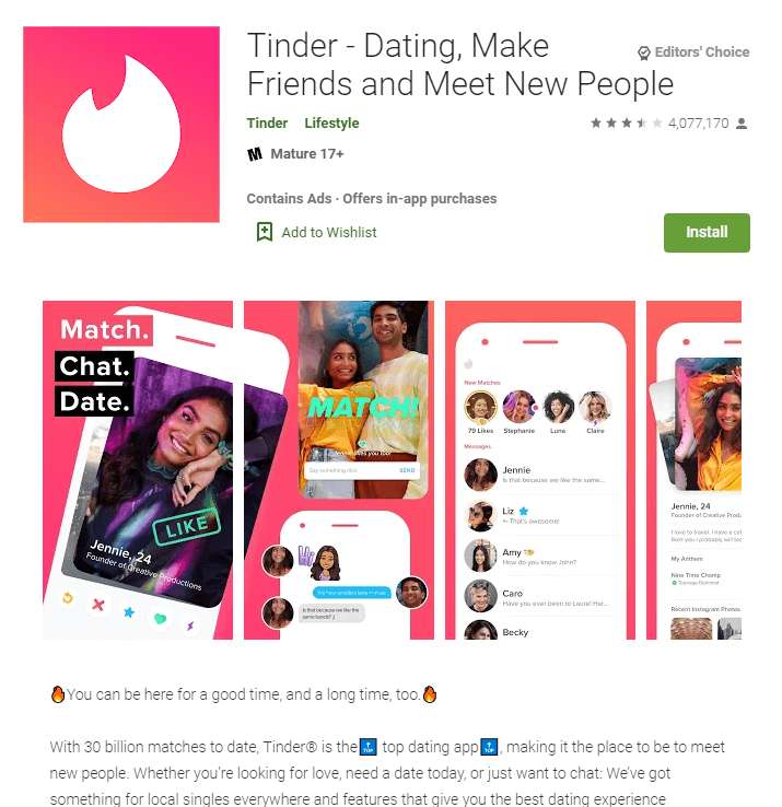 tinder app rating by google play